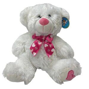 KELLYTOY 14" Plush Bear White Pink Heart Ribbon Cuddly Stuffed Animal‎ Toy NEW